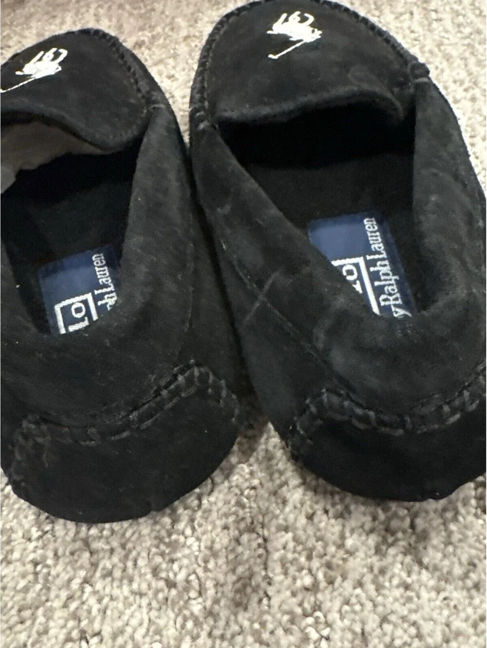 Polo Ralph Lauren Slippers Shoes Kids Size 13 Black Moccasin Fleece Pony Logo